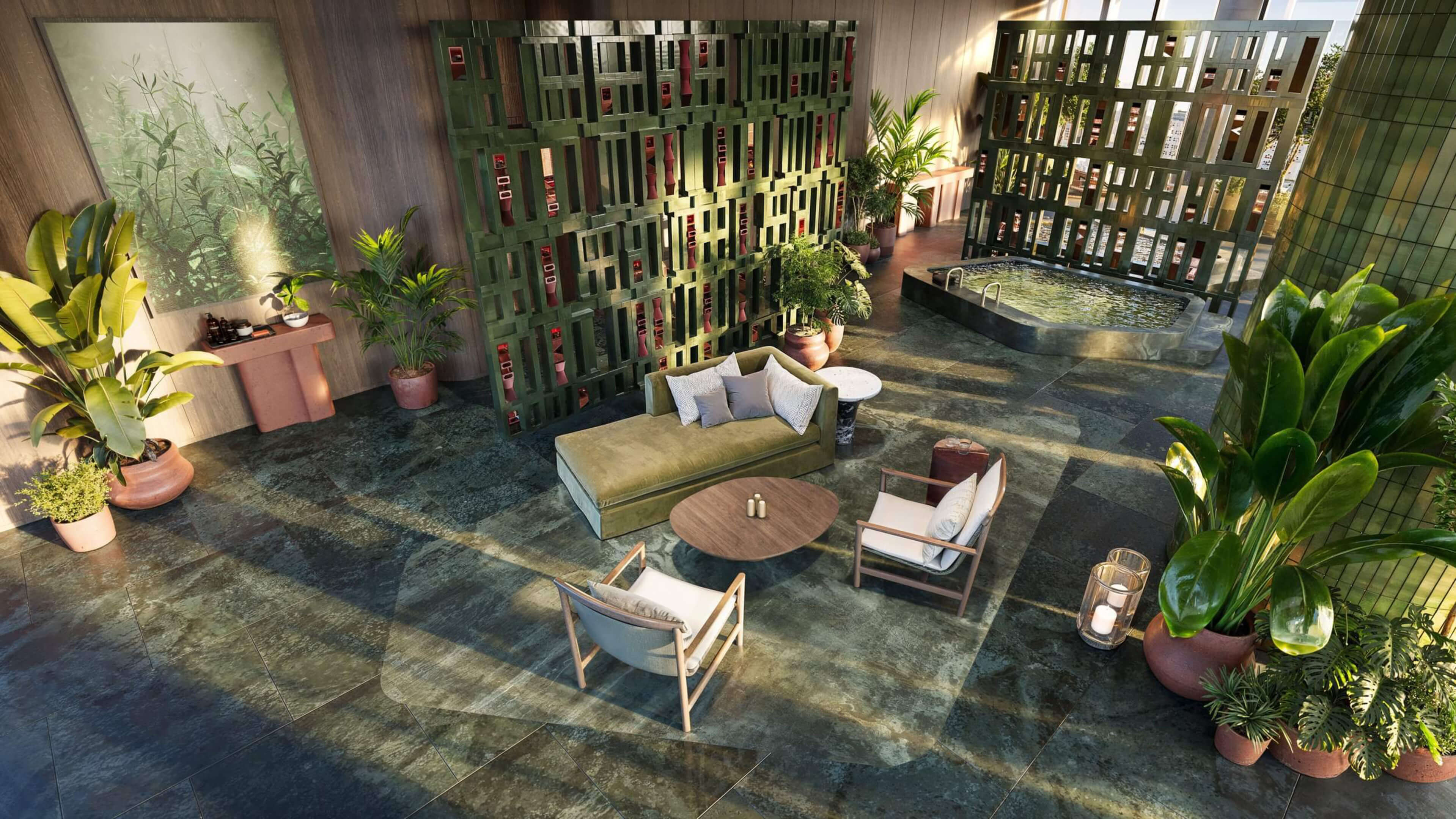 Spa lounge with greenery and jacuzzi at Miami Tropic Residences