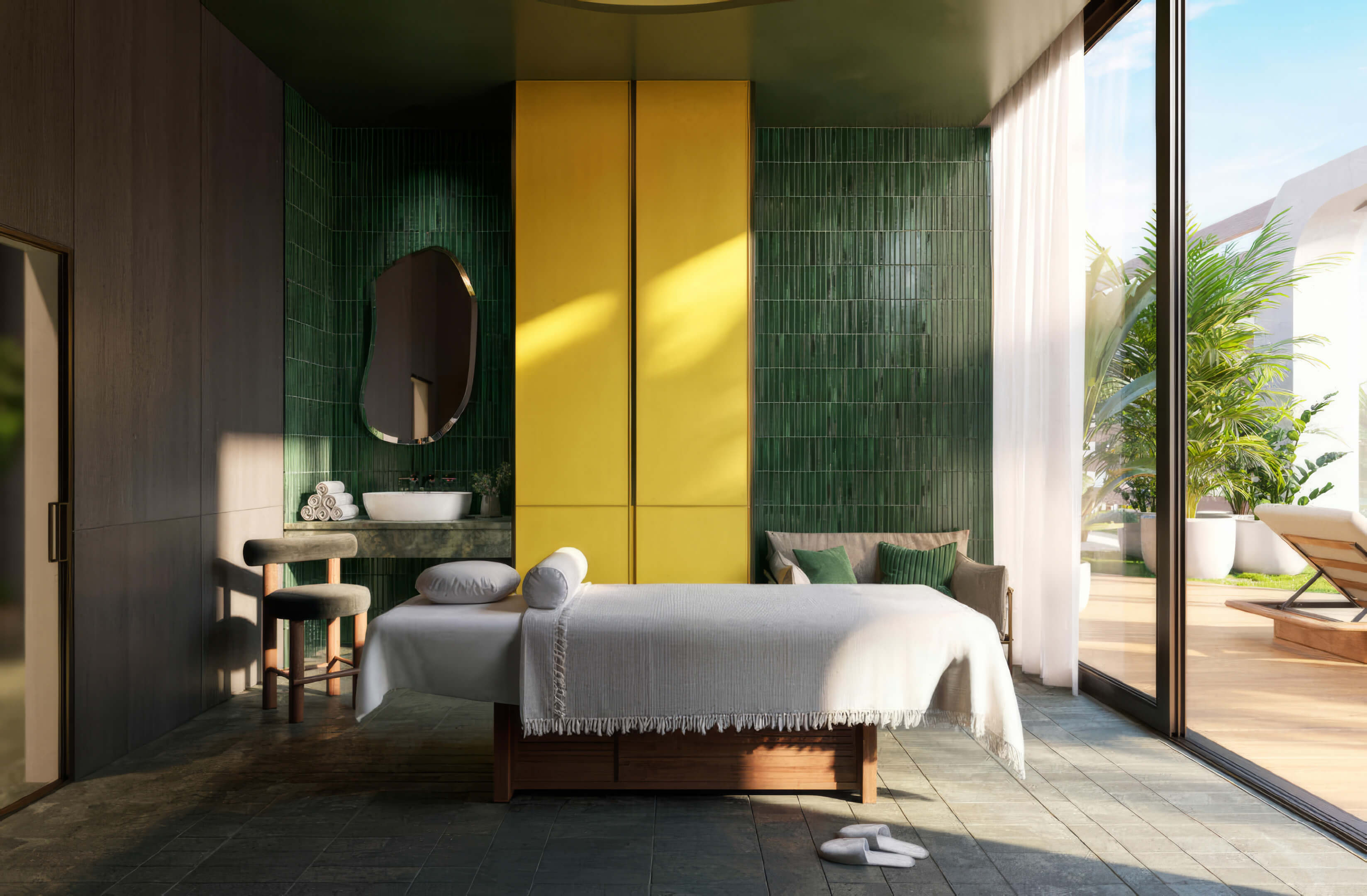 Tranquil spa treatment room with garden access at Miami Tropic Residences