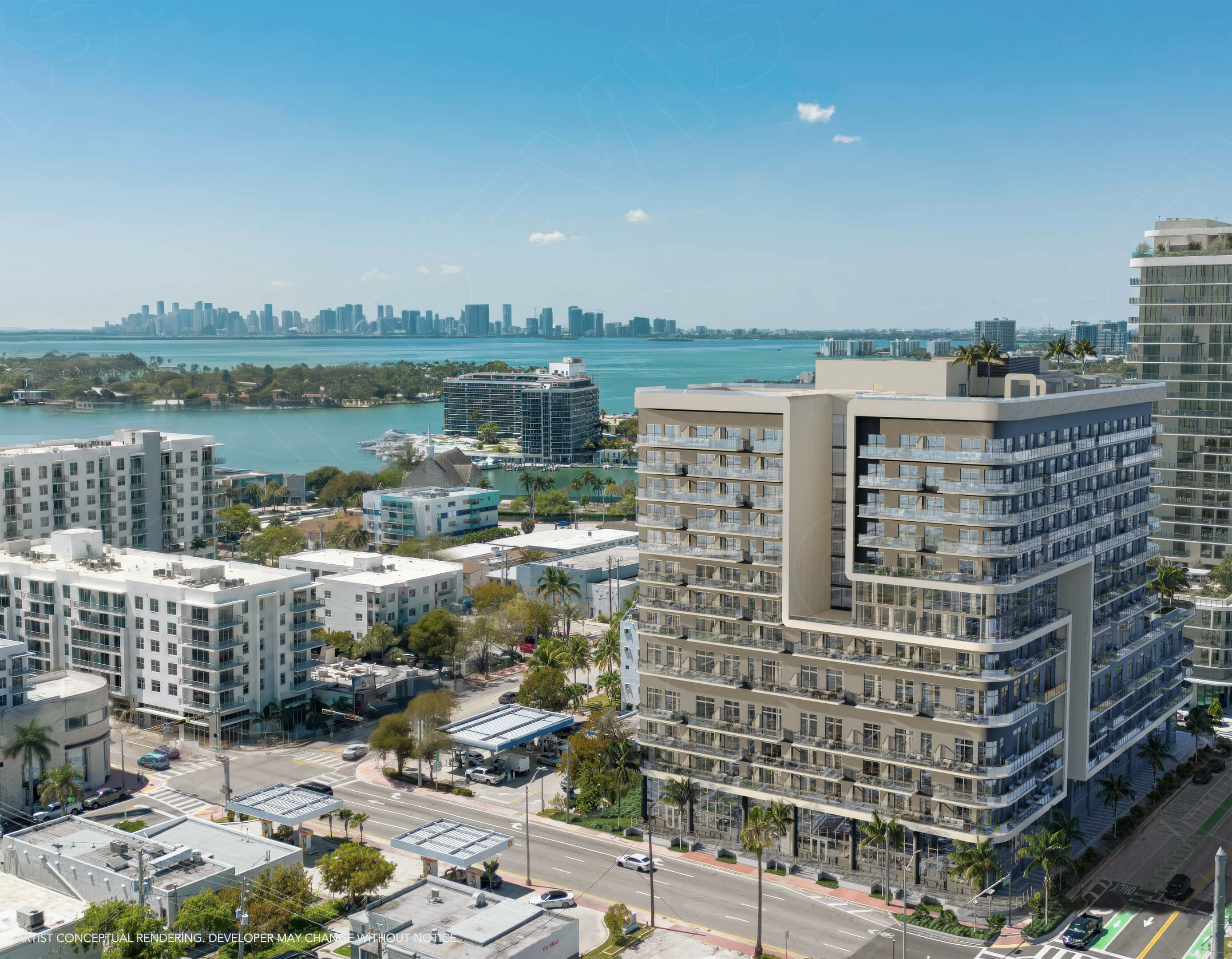 Aerial bay view of NoBe Parc Miami Beach showcasing modern residences near the Miami Beach waterfront