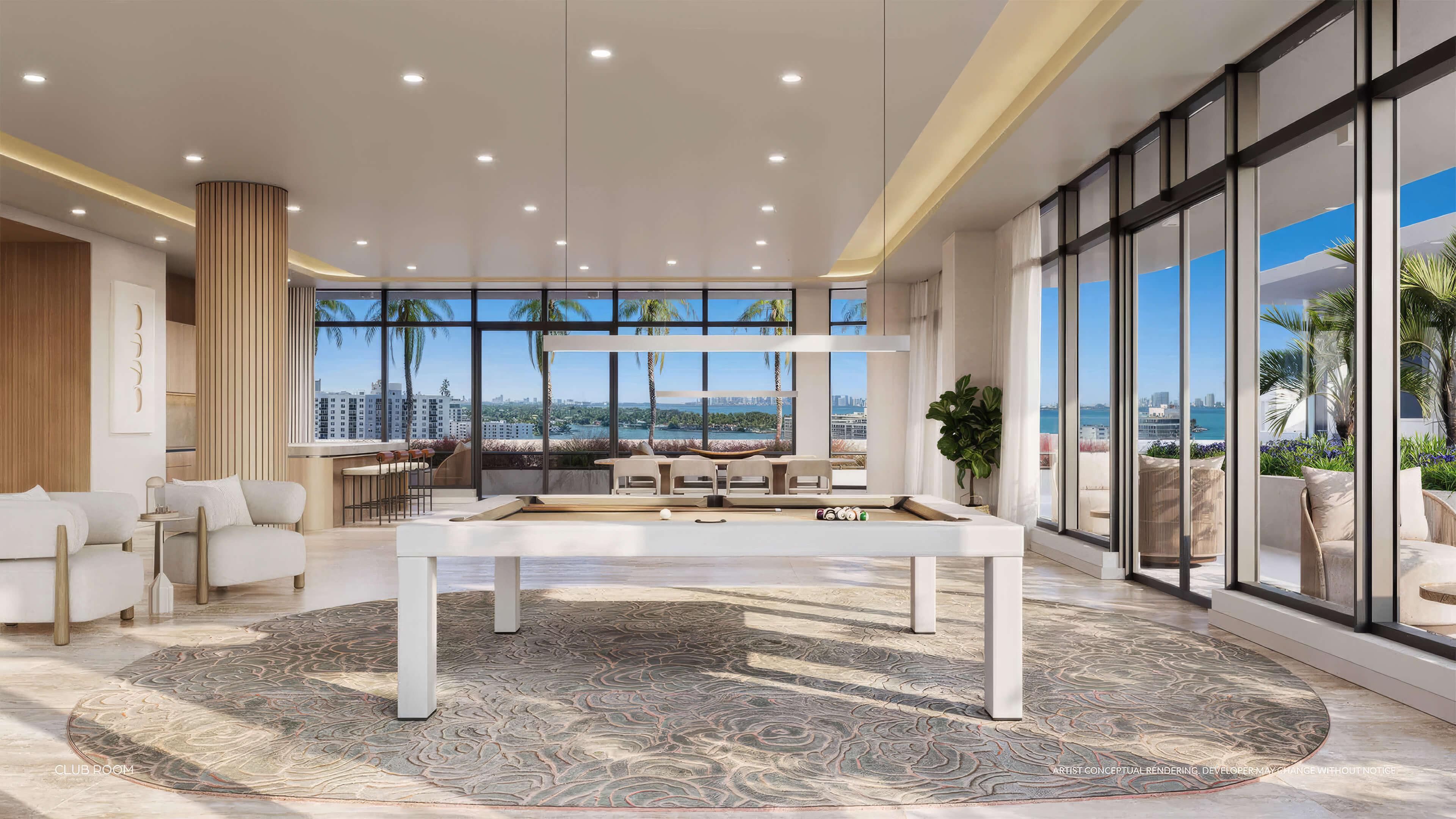 Club room at NoBe Parc Miami Beach with pool table, modern lounge seating and city views