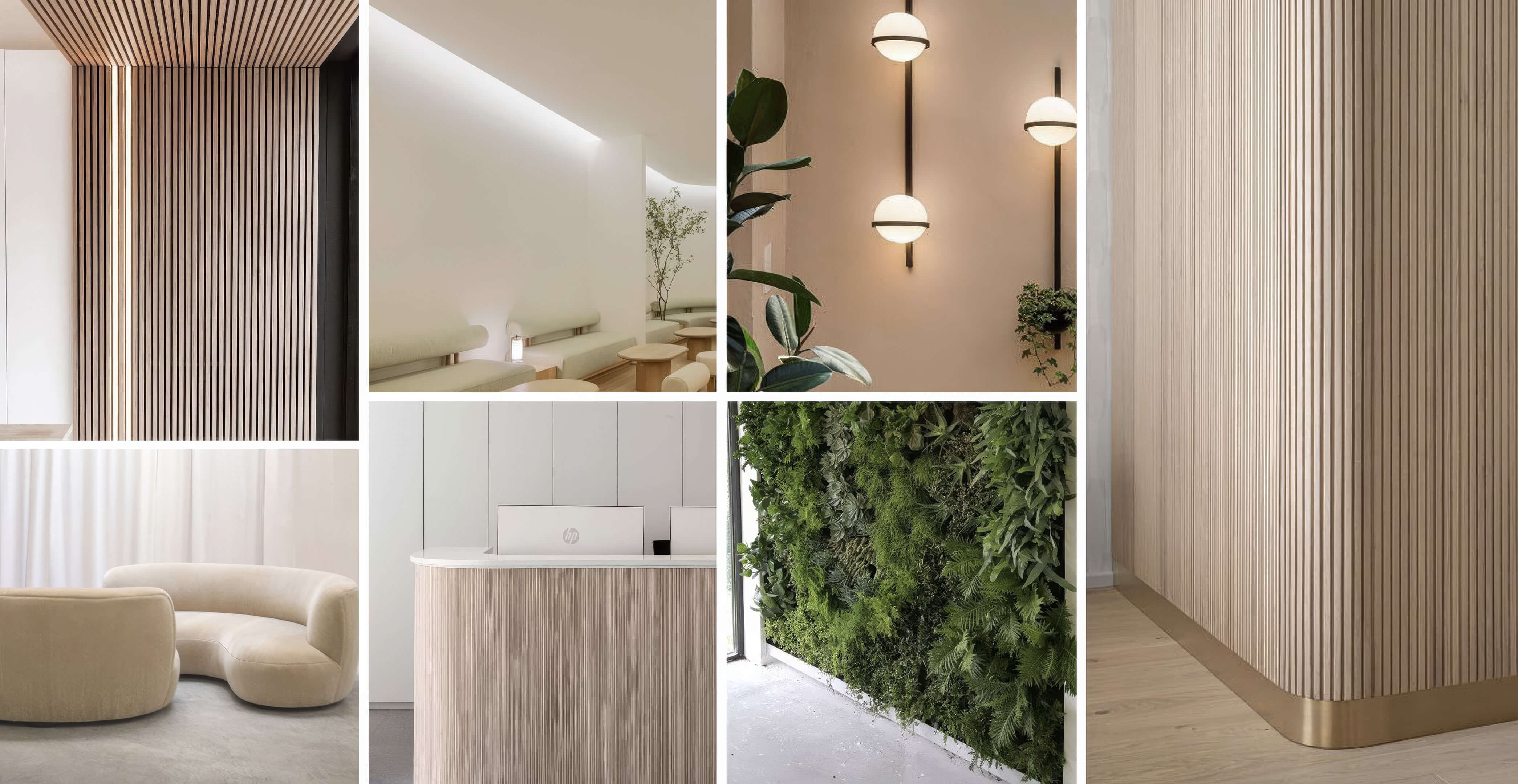Interior design moodboard for NoBe Parc Miami Beach featuring soft finishes, greenery, lighting and refined materials