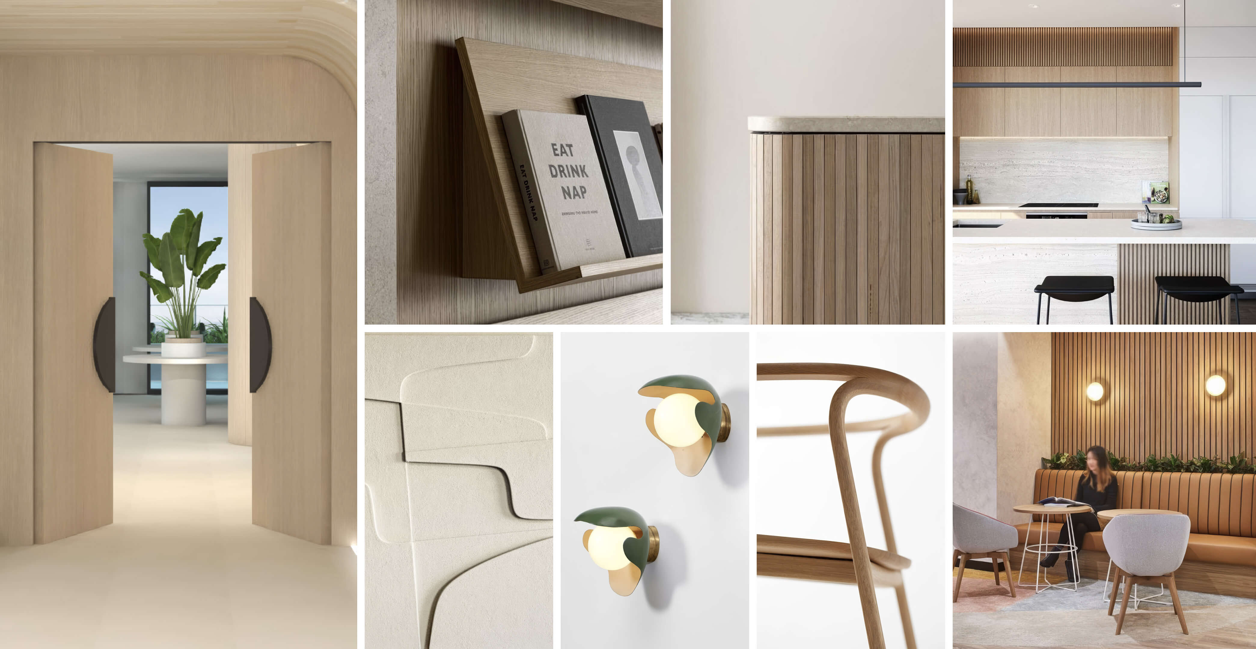 Lobby materials concept at NoBe Parc Miami Beach with wood details, lounge seating, lighting and modern finishes