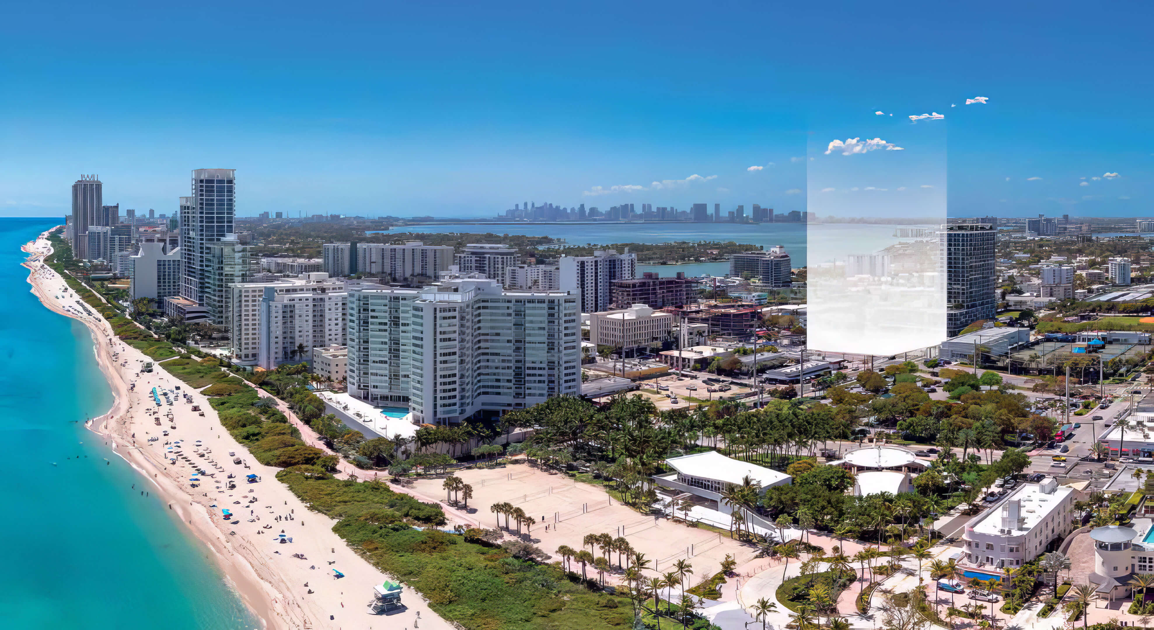 Oceanfront location view near NoBe Parc Miami Beach with beachfront, skyline and coastal neighborhood setting
