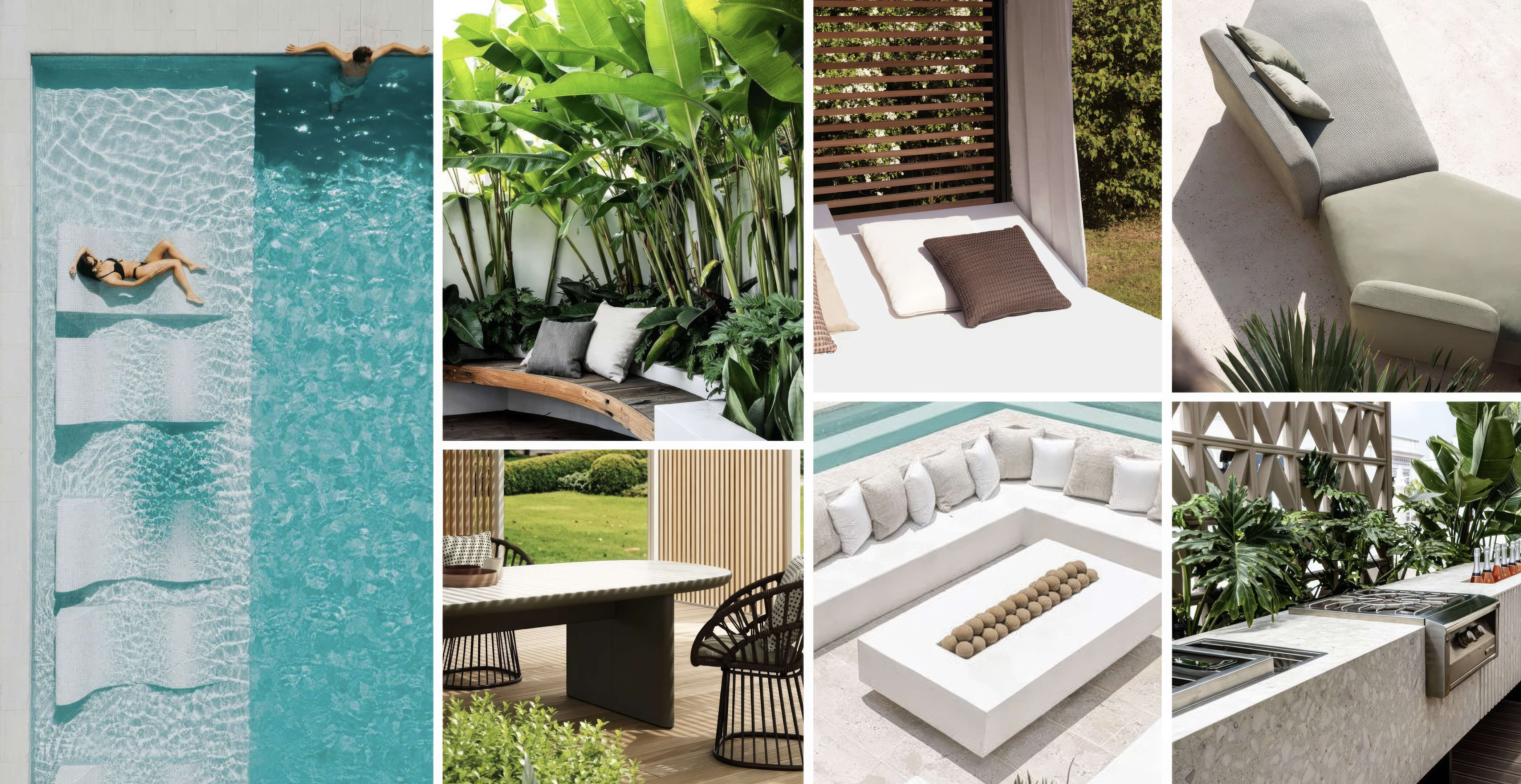 Outdoor amenity spaces at NoBe Parc Miami Beach with pool, lounge seating, tropical landscaping and summer kitchen