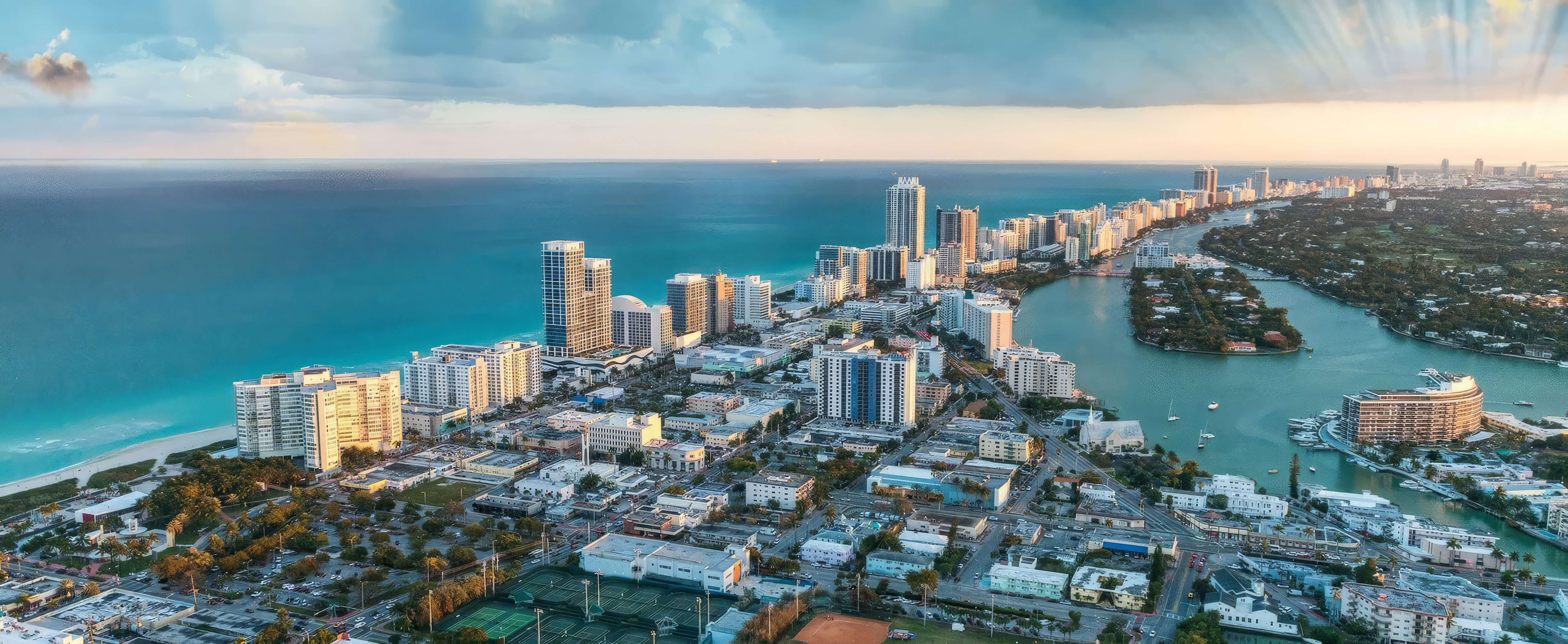 Panoramic coastline view near NoBe Parc Miami Beach with ocean, bay, city skyline and waterfront surroundings