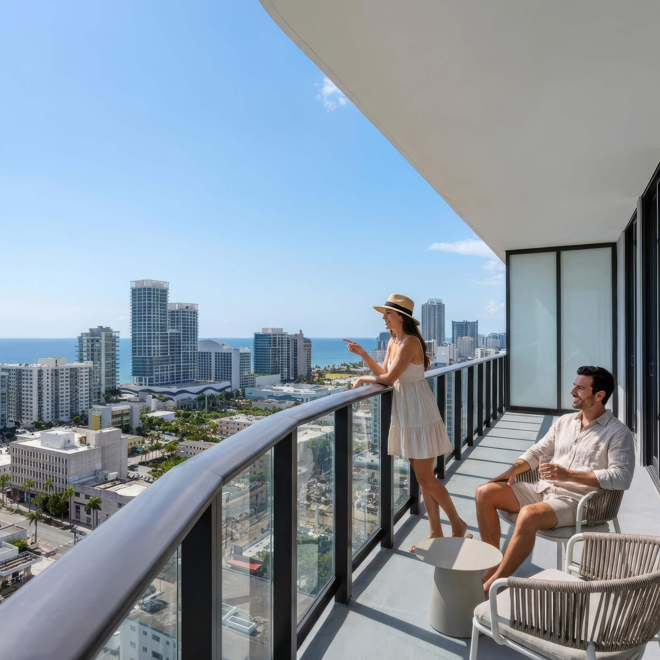 Private balcony view at NoBe Parc Miami Beach overlooking the city skyline and ocean from a modern residence