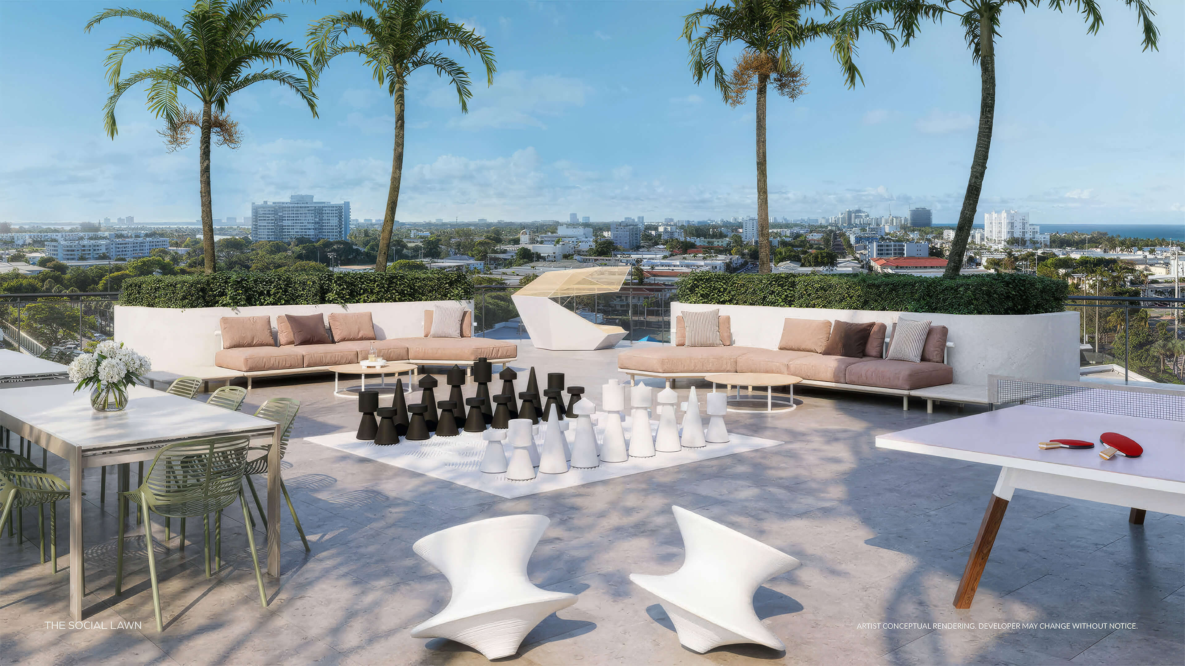 Rooftop social lawn at NoBe Parc Miami Beach with outdoor games, lounge seating and panoramic city views