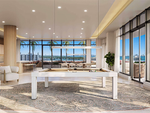 Club room at NoBe Parc Miami Beach with pool table, modern lounge seating and city views