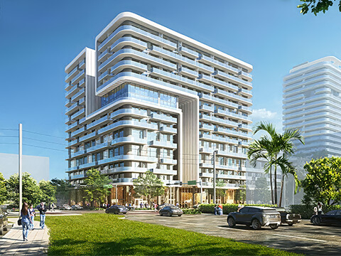 Modern exterior view of NoBe Parc Miami Beach with glass balconies, contemporary architecture and landscaped street frontage