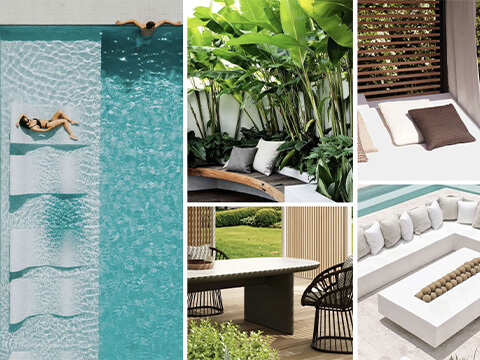 Outdoor amenity spaces at NoBe Parc Miami Beach with pool, lounge seating, tropical landscaping and summer kitchen