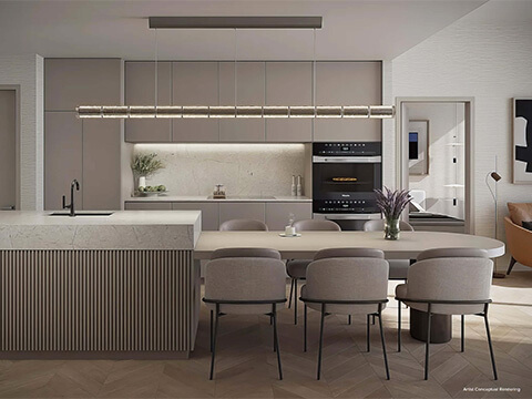 Designer kitchen and dining area at One Twenty Brickell Residences with marble island and modern pendant lighting