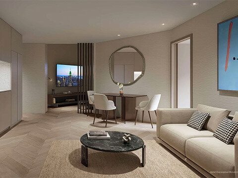 Open concept living room and kitchen at One Twenty Brickell Residences with dining area and contemporary finishes