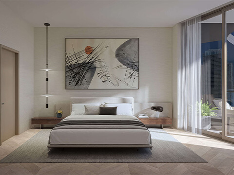 Primary bedroom at One Twenty Brickell Residences with balcony access, contemporary artwork, and city views