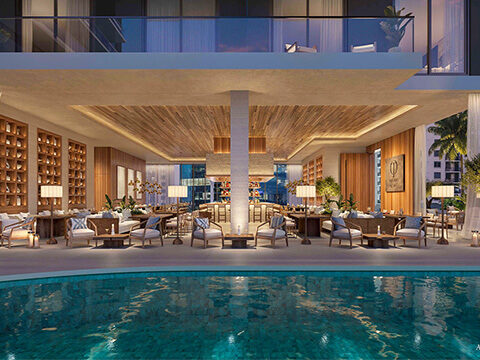 Evening pool lounge at One Twenty Brickell Signature Residences with elegant outdoor seating and luxury resort ambiance