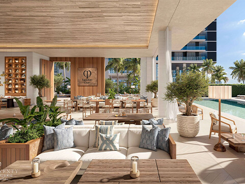 Poolside Signature Club at One Twenty Brickell Signature Residences with outdoor lounge seating and resort-style amenities