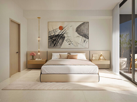 Luxury bedroom at One Twenty Brickell Signature Residences Miami with private balcony and city views