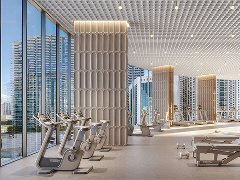 Fitness center at One Twenty Brickell Signature Residences Miami with skyline views and modern wellness equipment
