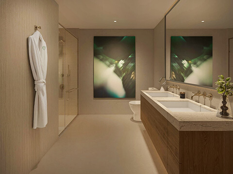 Spa-inspired bathroom at One Twenty Brickell Signature Residences with double vanity and modern finishes