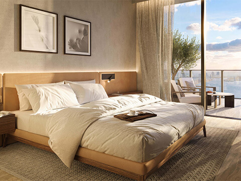 Luxury bedroom at Ora by Casa Tua Miami with private balcony and panoramic Biscayne Bay views
