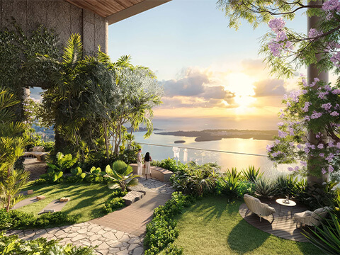 Sky garden at Ora by Casa Tua Miami with lush tropical landscaping and panoramic sunset views