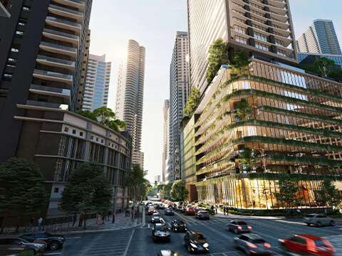 Street-level view of Ora by Casa Tua Miami featuring modern architecture and landscaped terraces