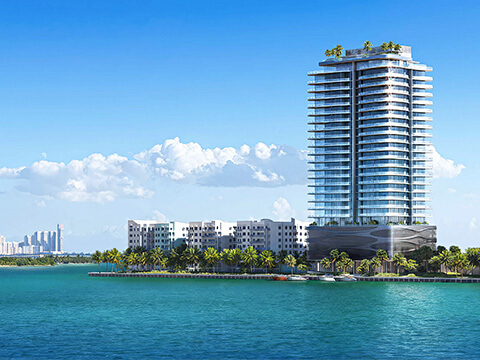 Bayfront tower exterior day view of Pagani Residences with modern architecture and tropical waterfront