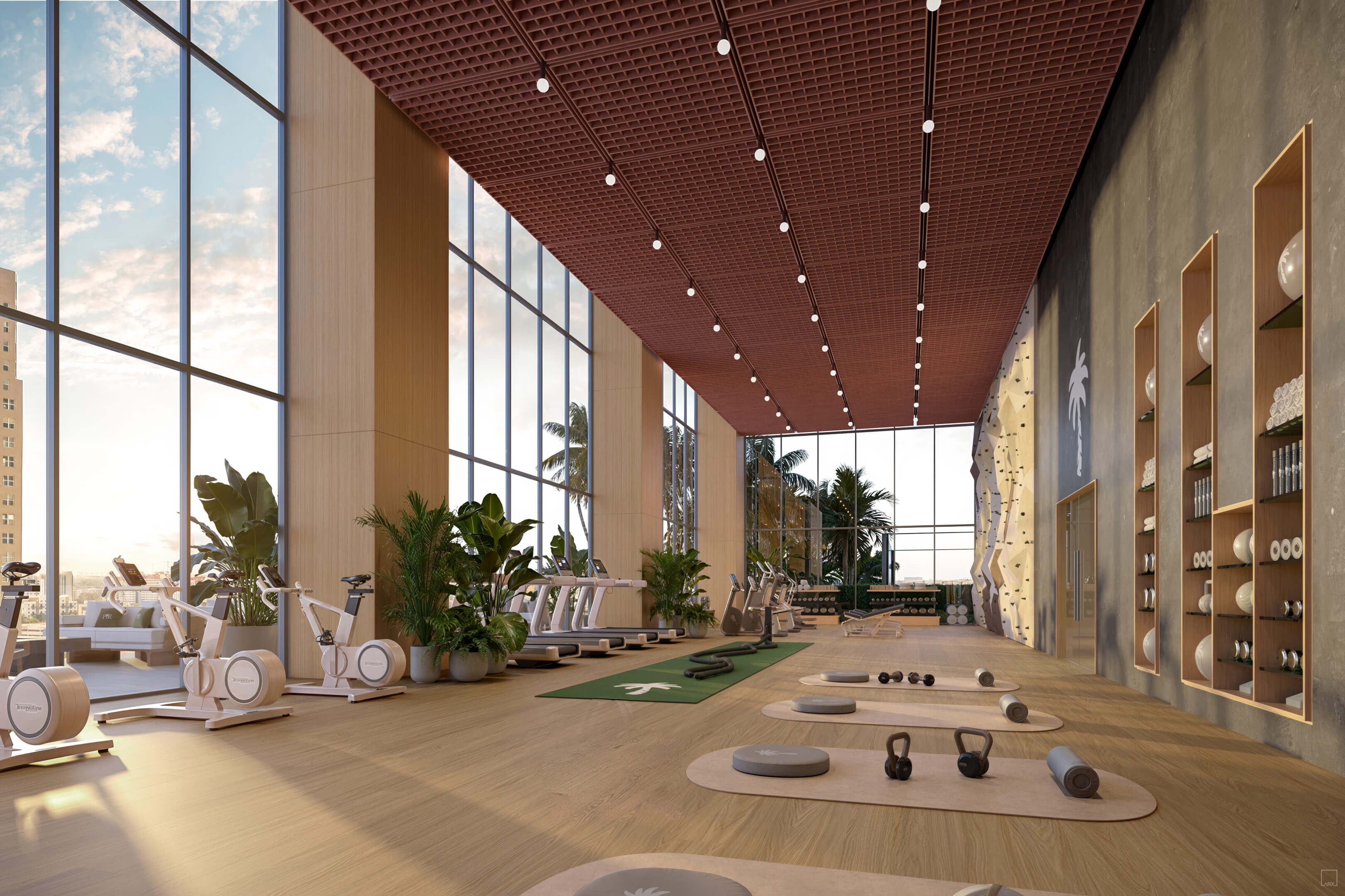 Fitness center at Palm Tree Residences Miami with modern gym equipment, climbing wall and city views