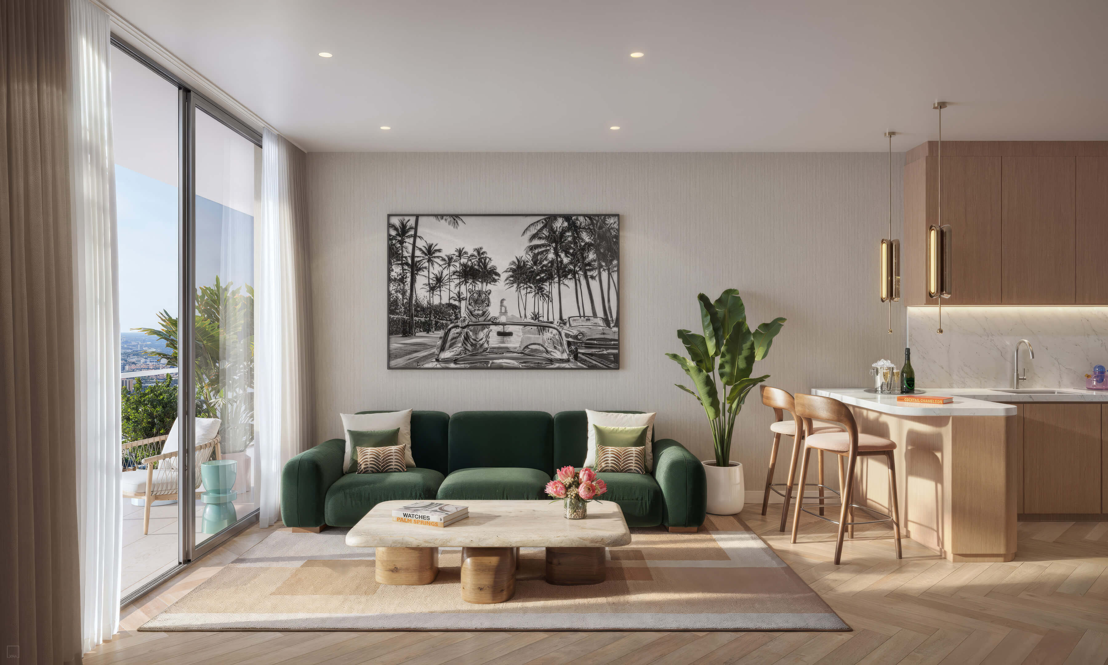 Bright living room and open kitchen at Palm Tree Residences Miami with modern finishes and balcony access