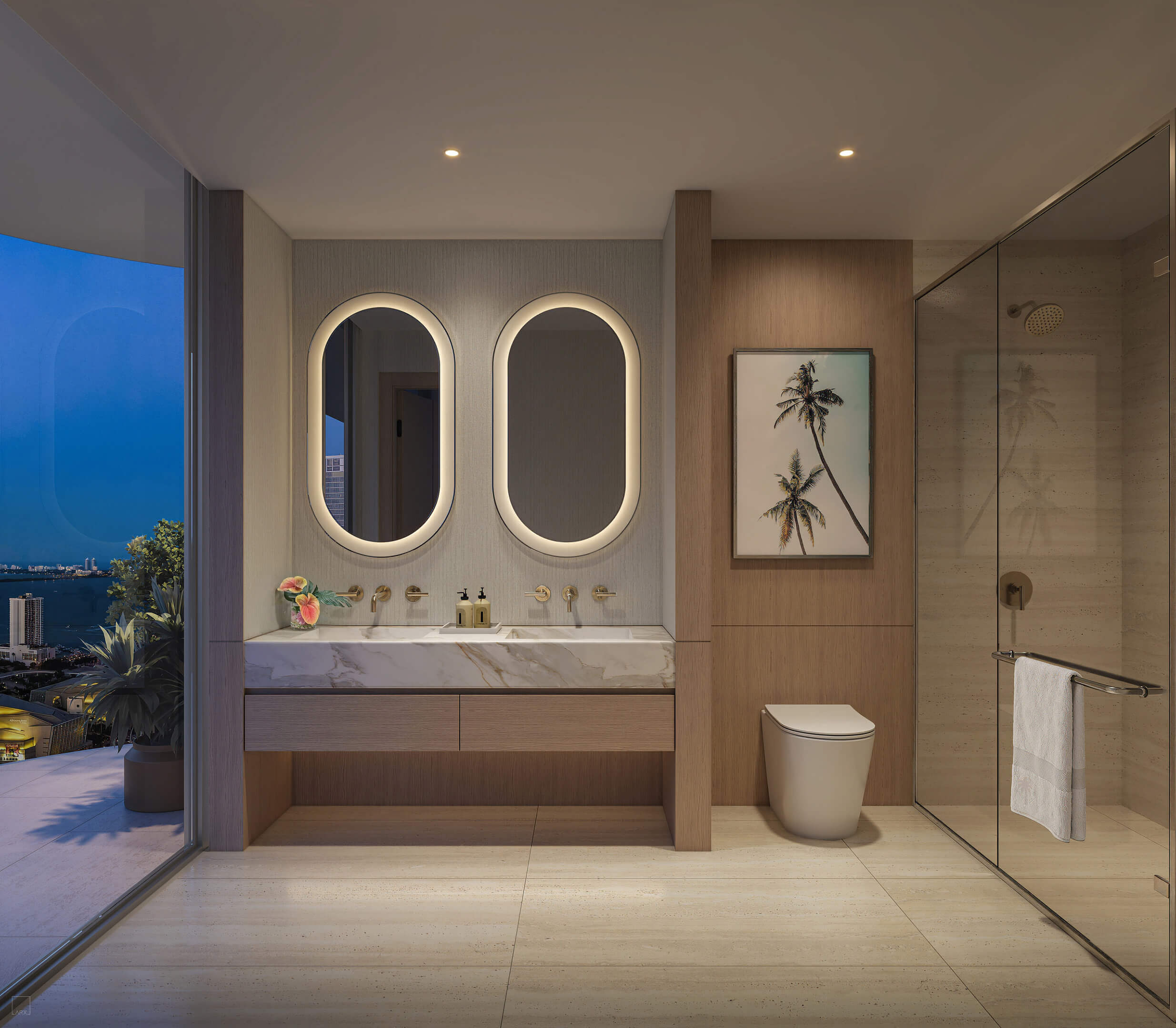 Luxury bathroom at Palm Tree Residences Miami with double vanity, backlit mirrors and glass shower
