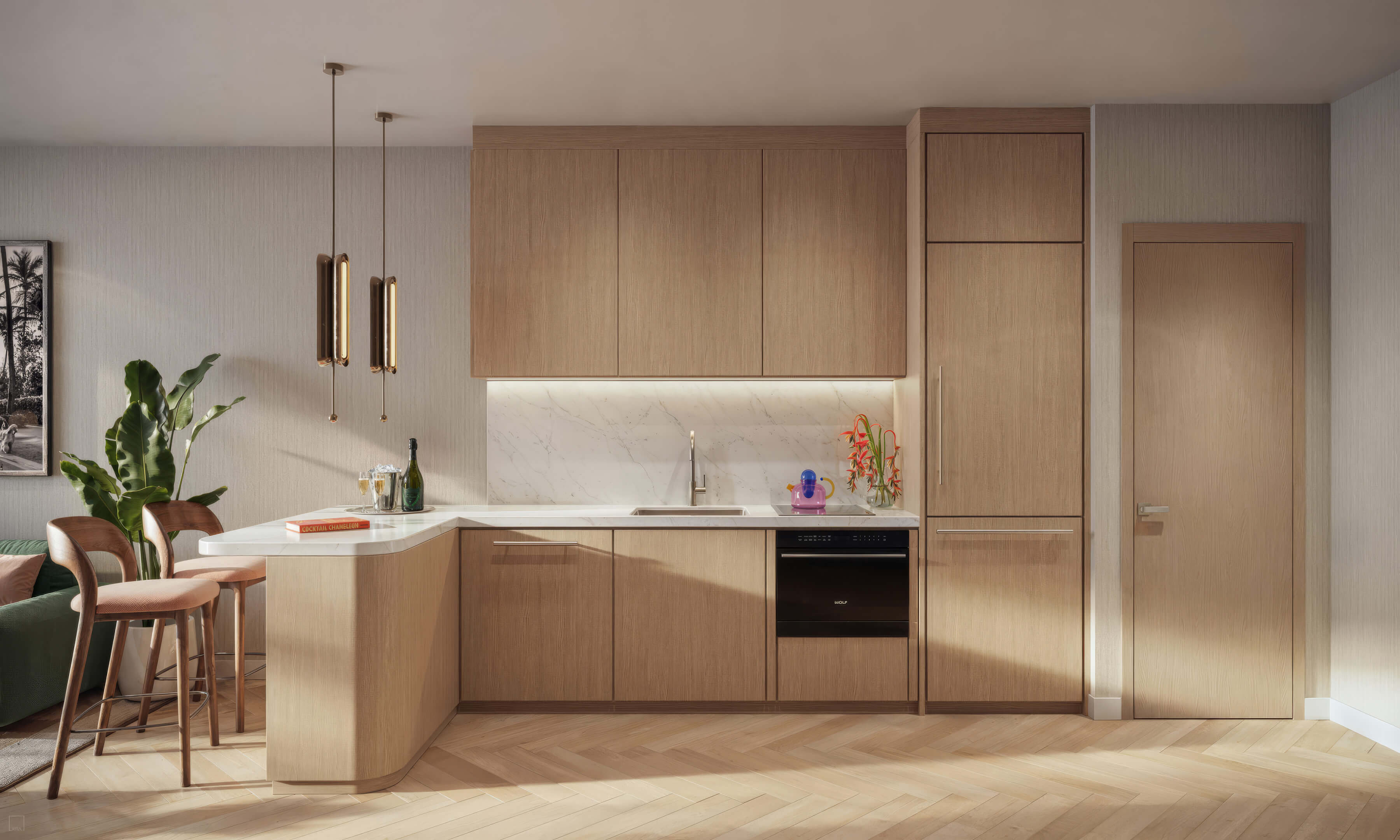 Modern kitchen at Palm Tree Residences Miami with wood cabinetry, marble backsplash and contemporary lighting