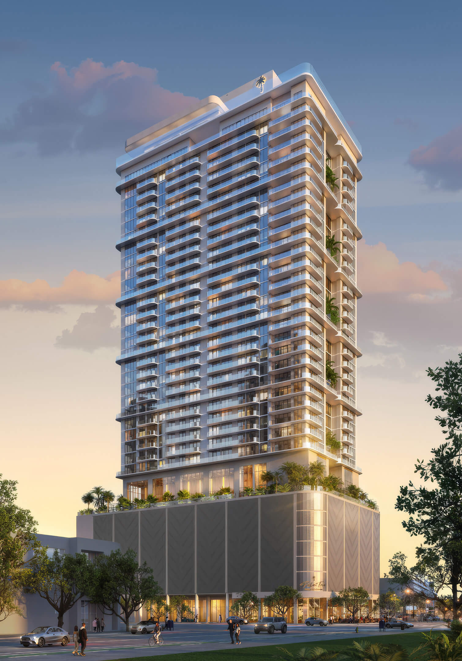 Modern exterior view of Palm Tree Residences Miami luxury tower with glass balconies and tropical landscaping