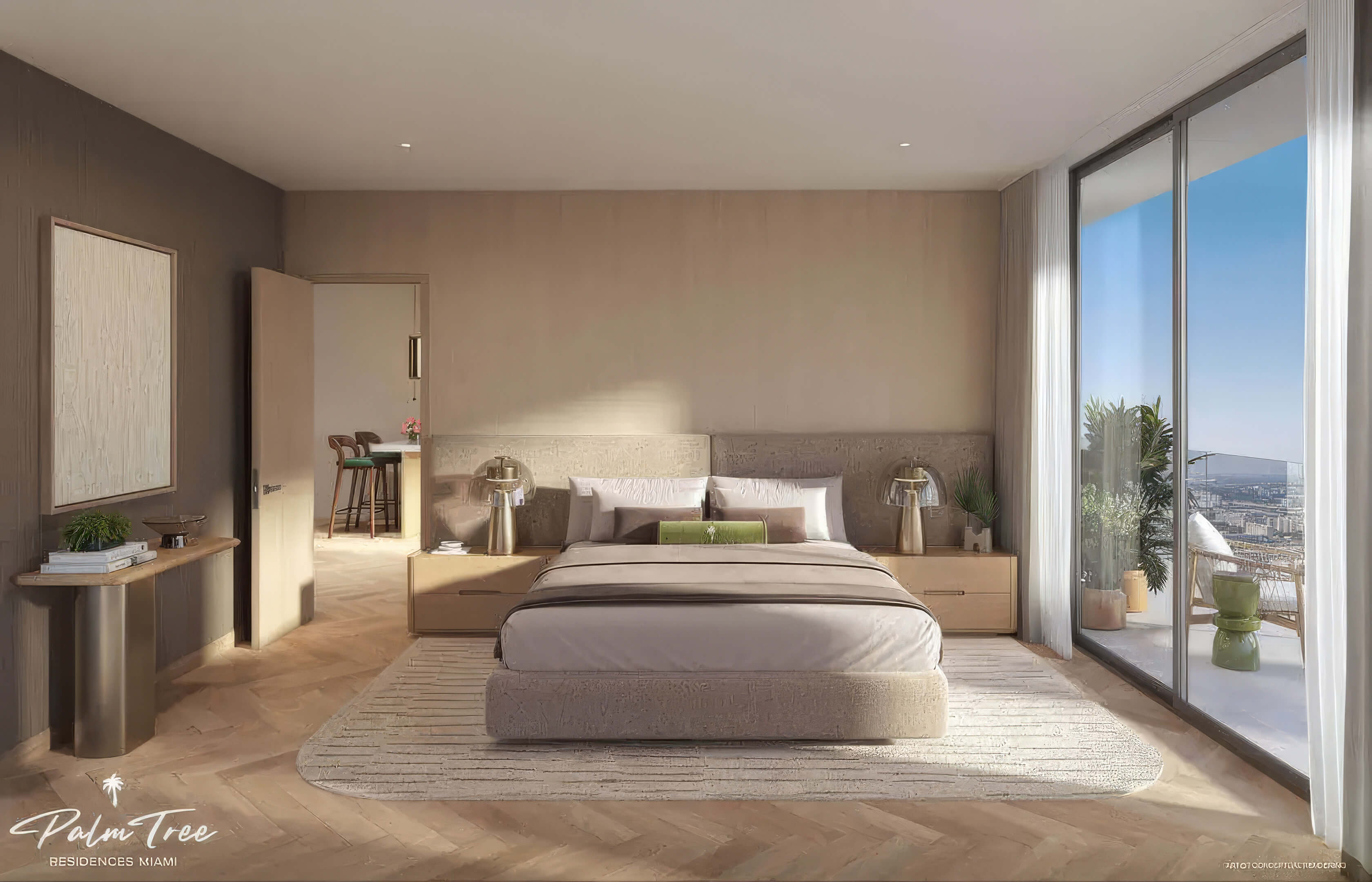 Primary bedroom at Palm Tree Residences Miami with warm interiors, large windows and private balcony views
