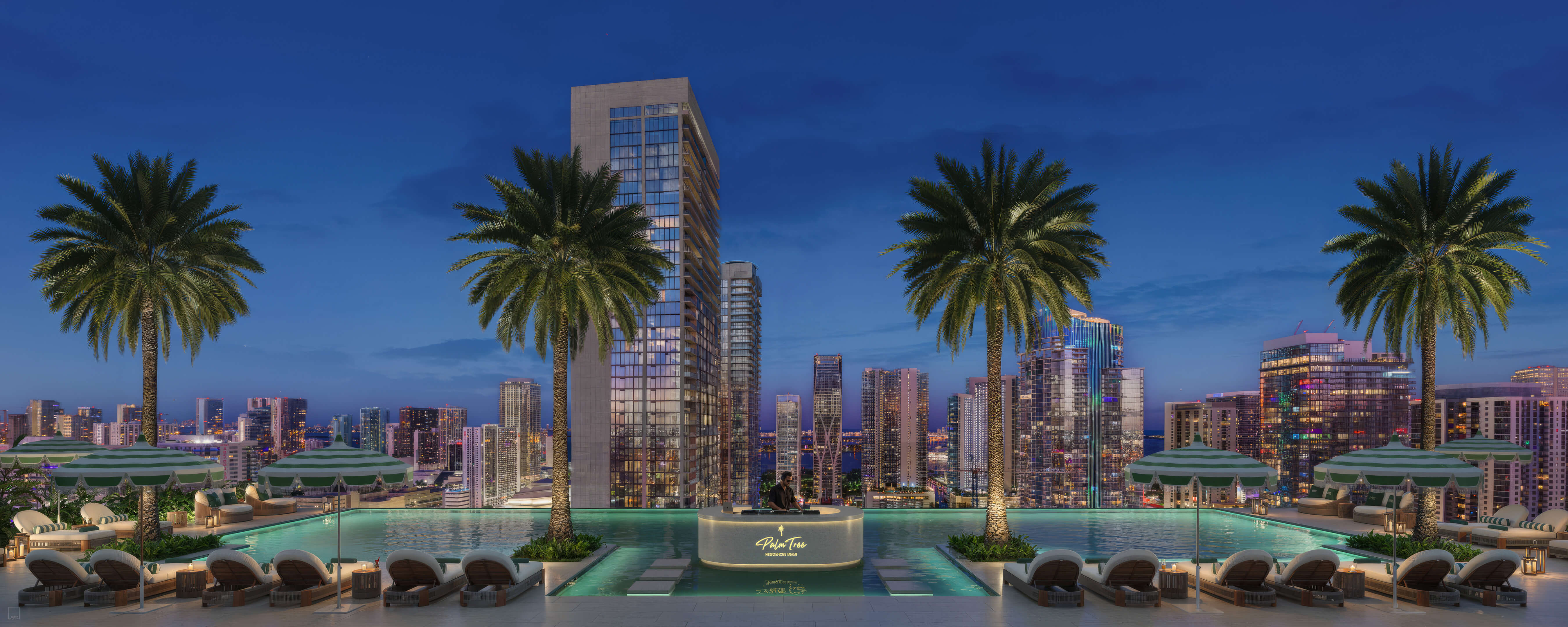 Rooftop pool at Palm Tree Residences Miami with palm trees, lounge chairs and panoramic Miami skyline views