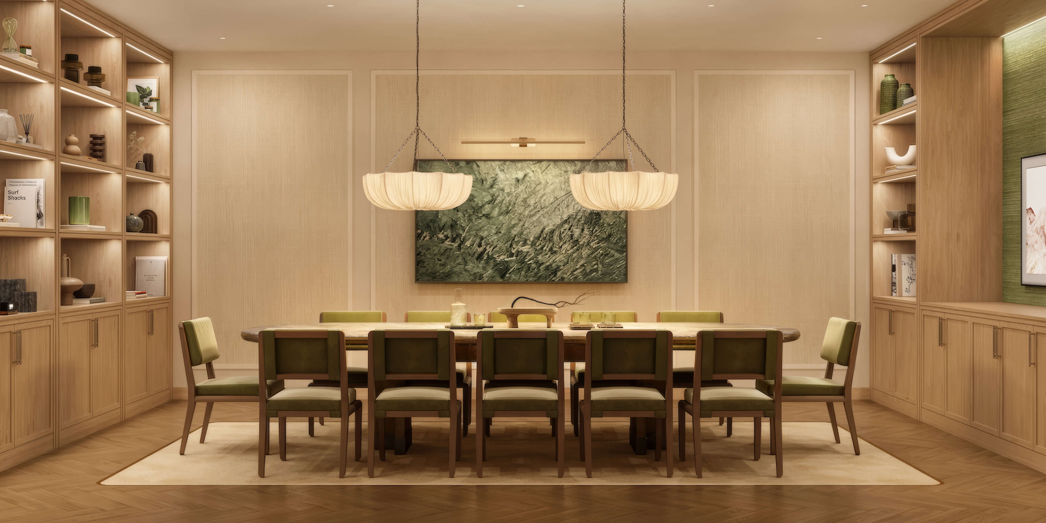 Elegant private dining room at Ponce Park Residences with refined wood finishes