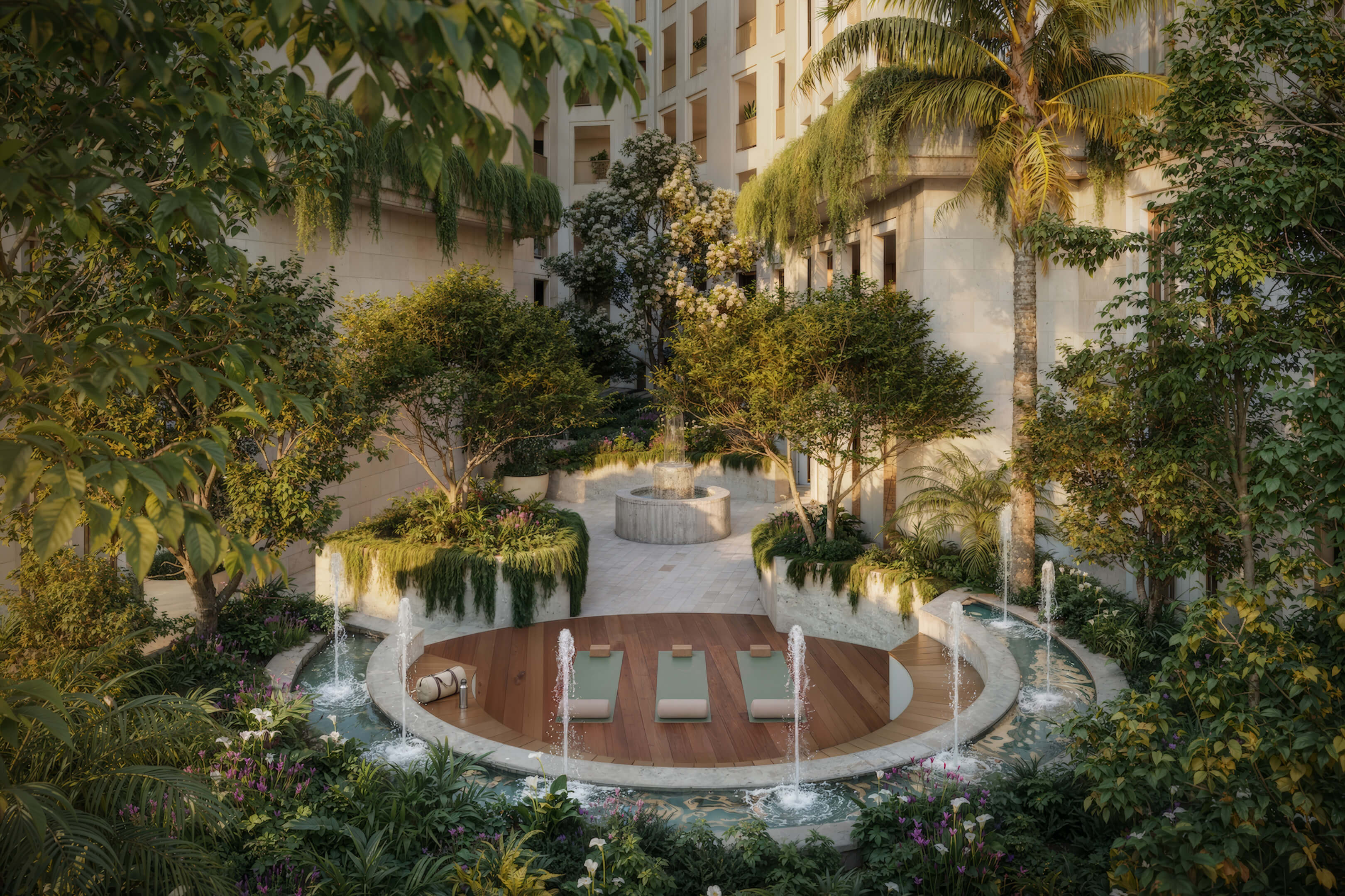 Lush landscaped courtyard with fountains at Ponce Park Residences in Coral Gables