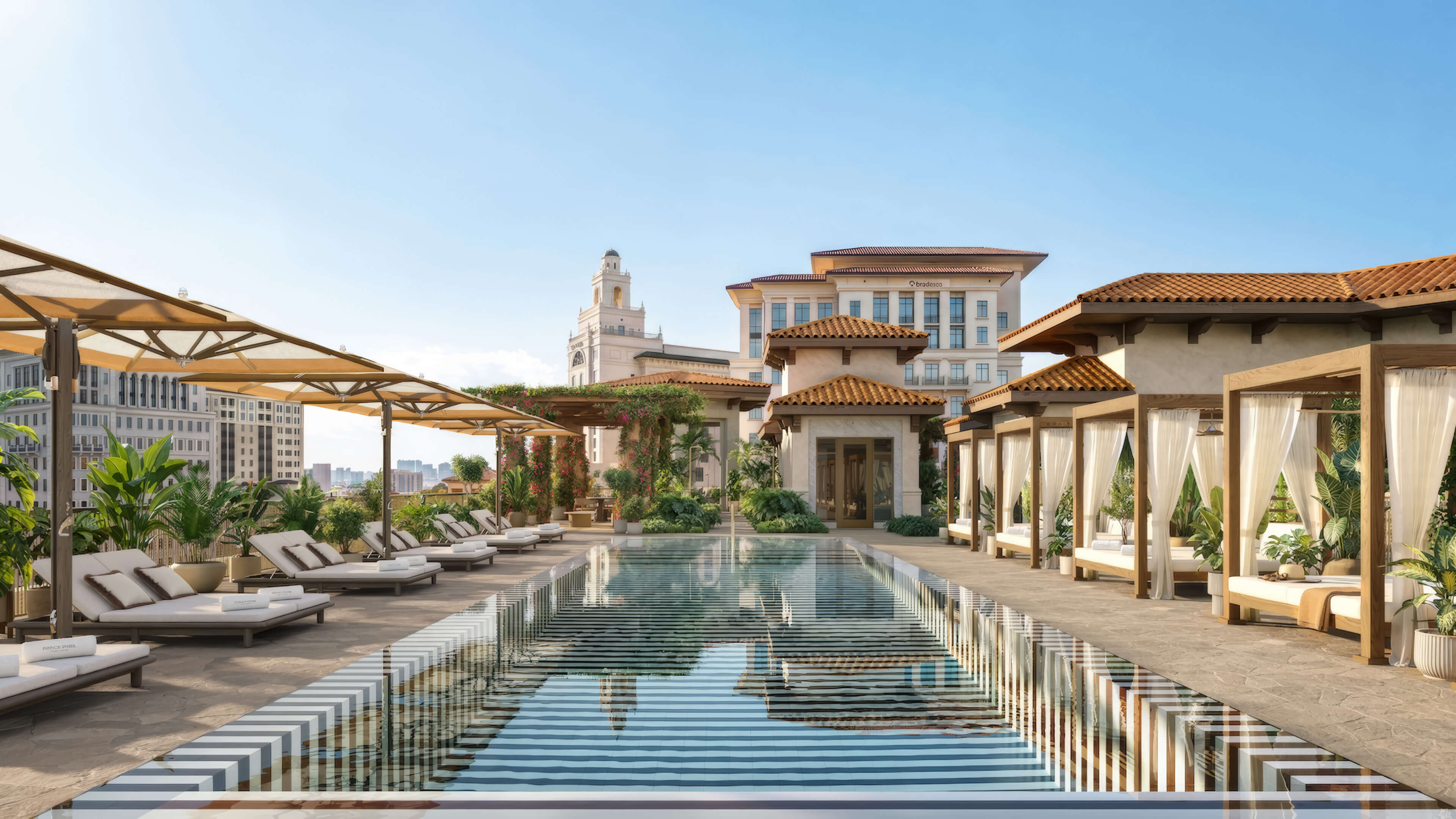 Luxury rooftop pool with cabanas at Ponce Park Residences in Coral Gables