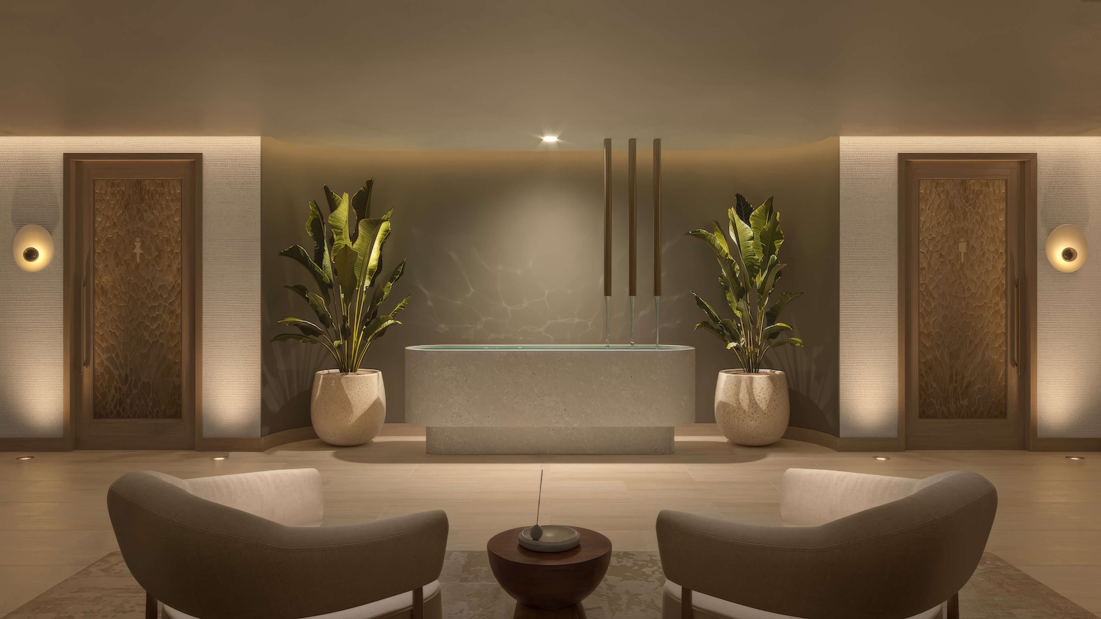 Luxury wellness reception area at Ponce Park Residences with warm modern interiors