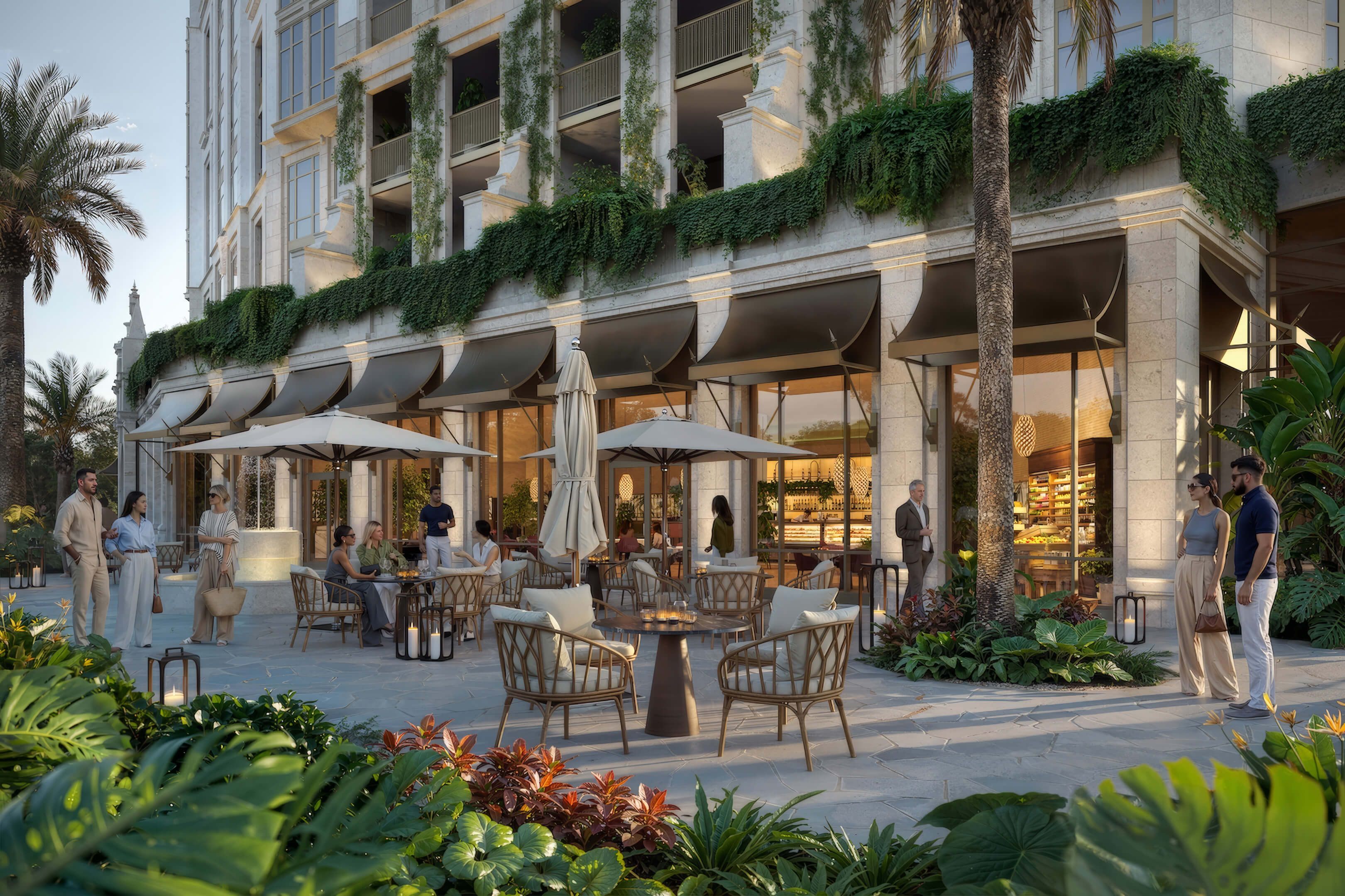 Outdoor dining terrace surrounded by tropical landscaping at Ponce Park Residences in Coral Gables