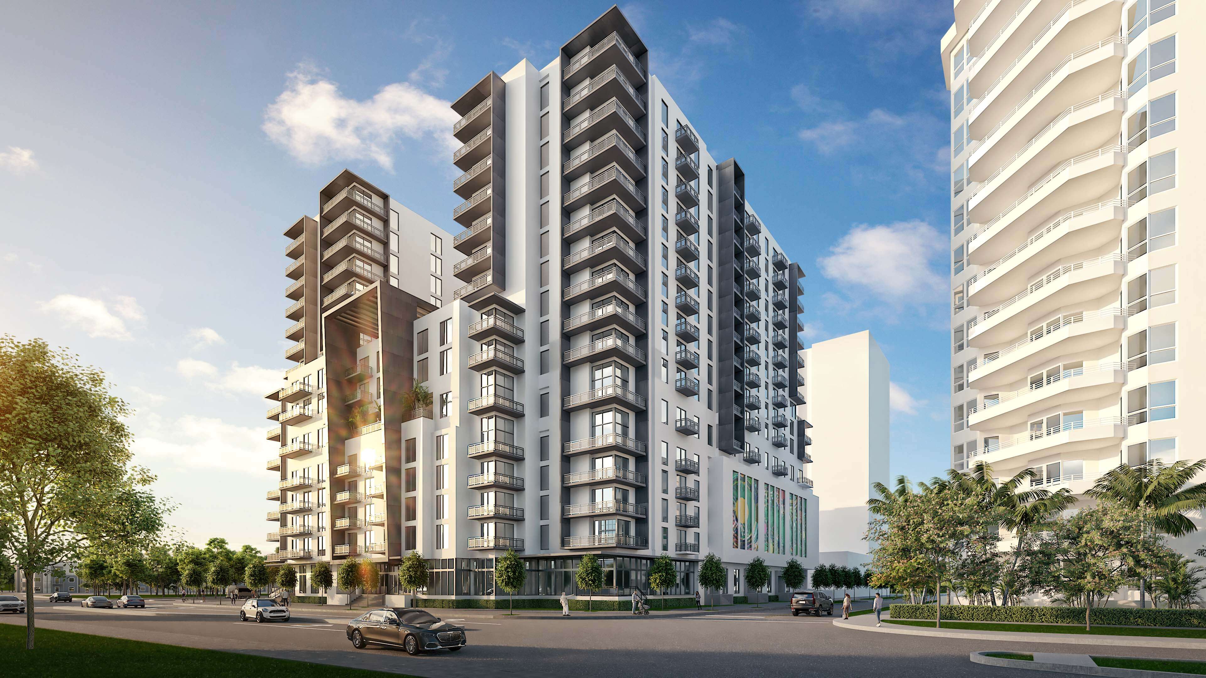 Angled view of River District 14 tower highlighting contemporary architectural style