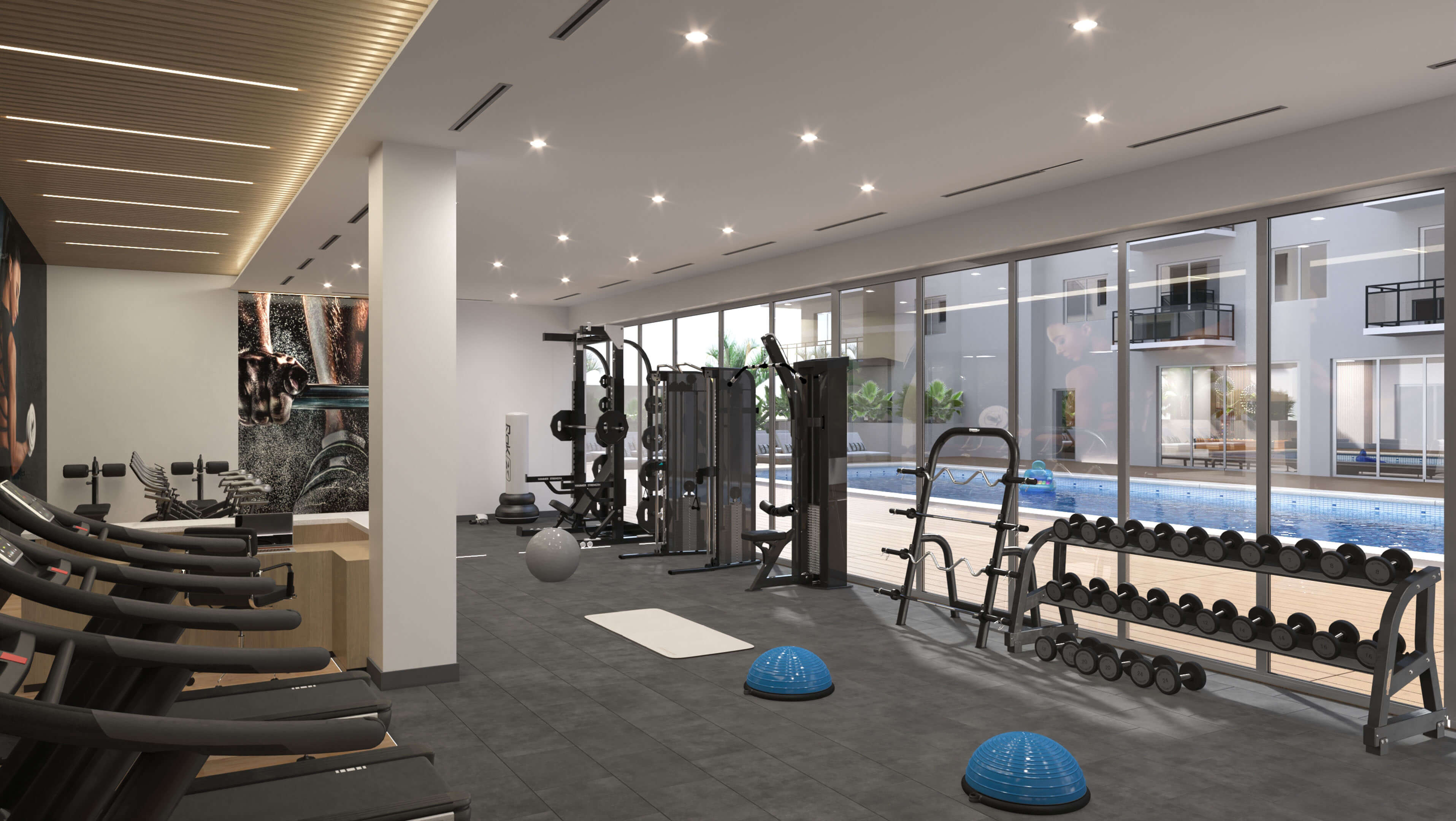 State-of-the-art fitness center with pool view at River District 14