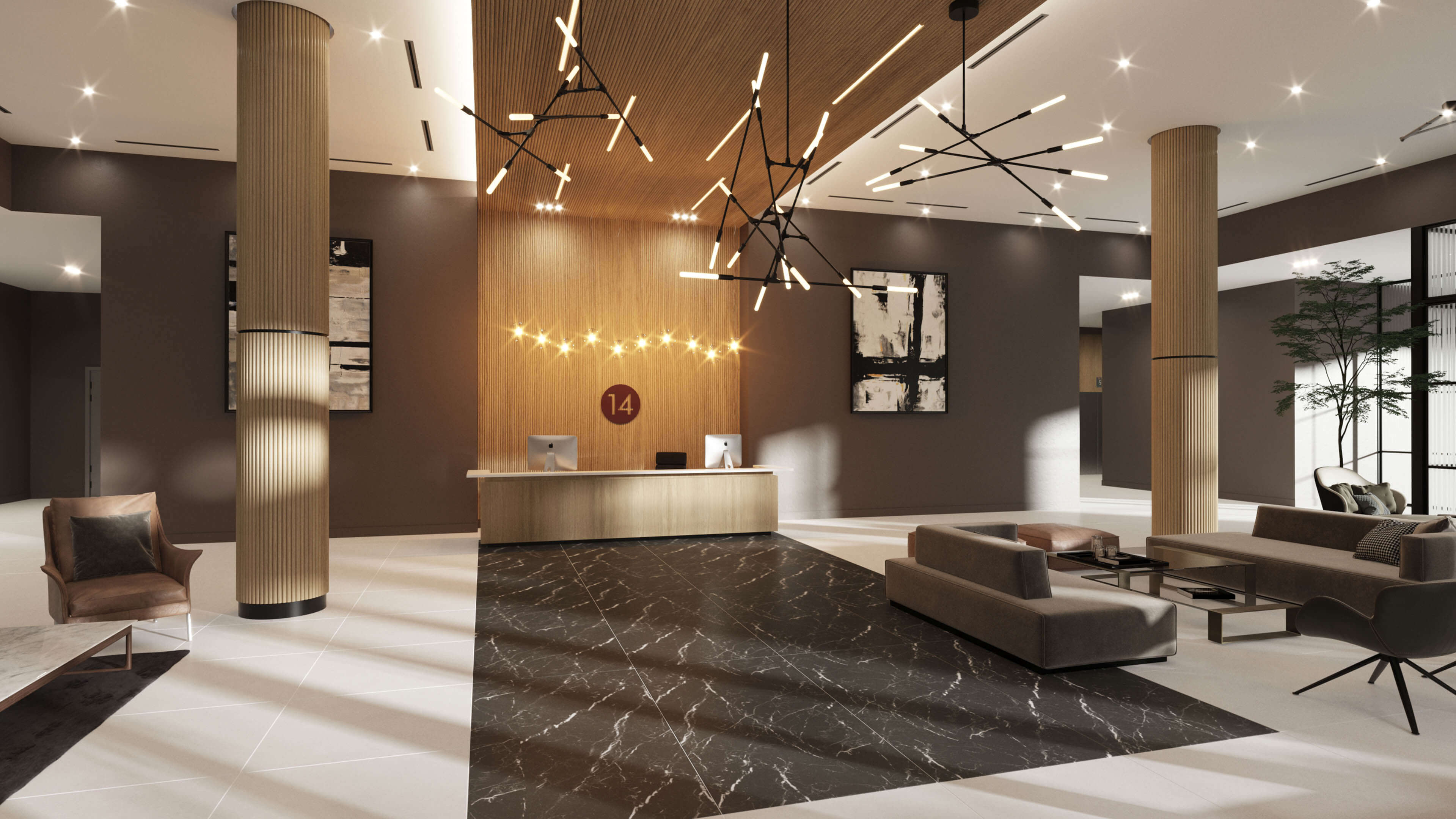 Luxury interior lobby of River District 14 with wood accents and reception desk