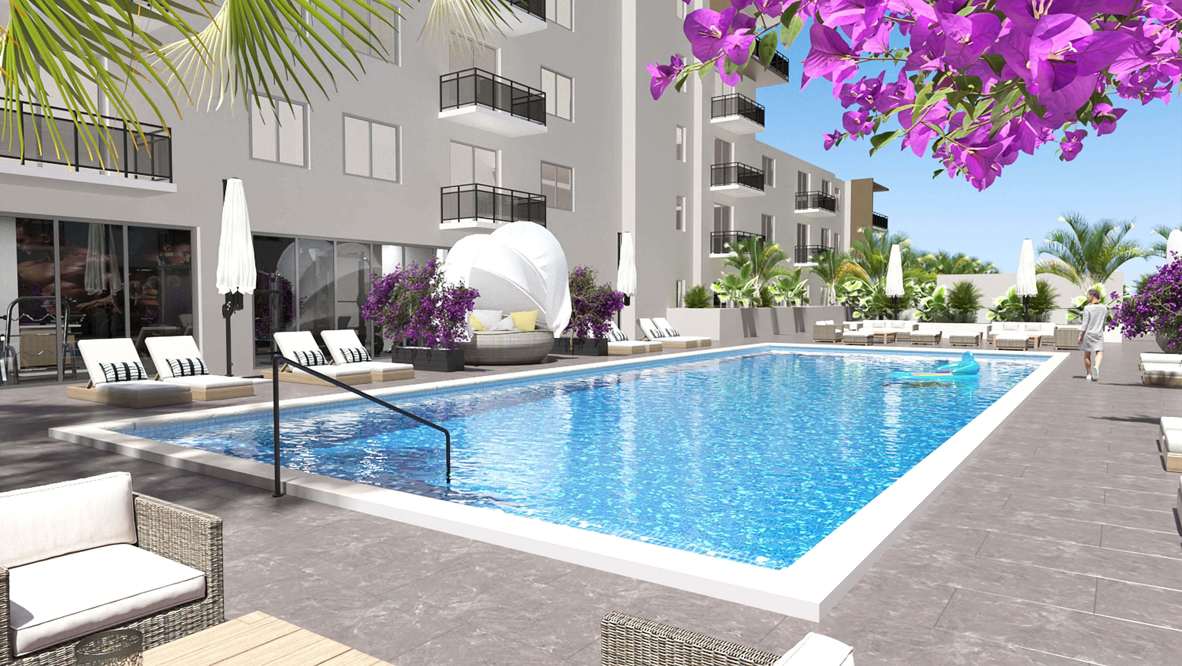 Luxury poolside lounge chairs and amenities at River District 14