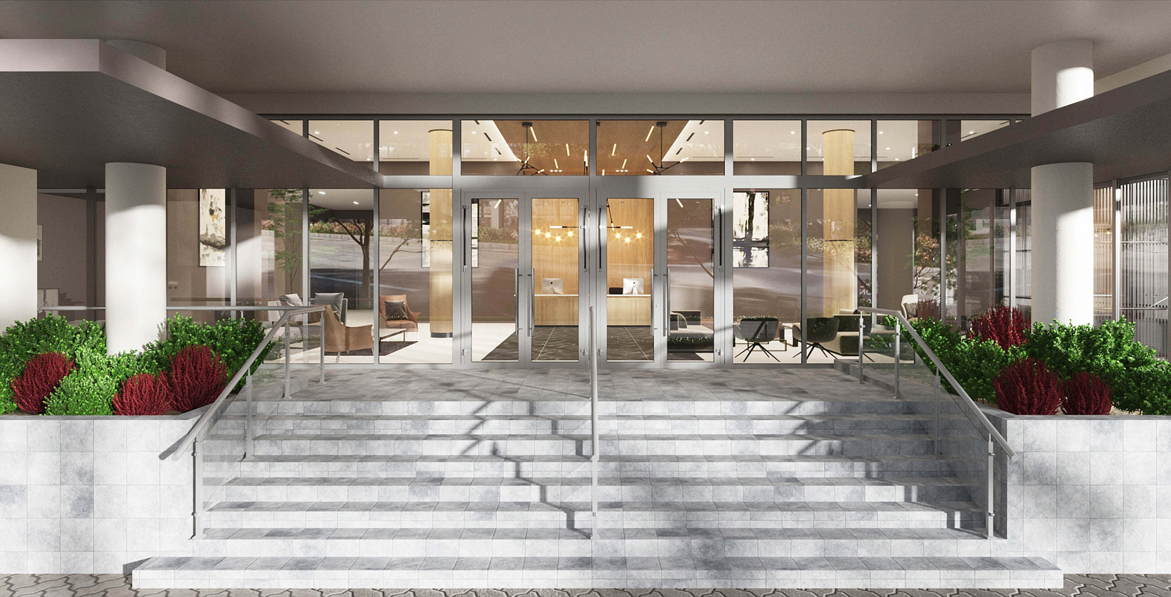 Main entry stairs of River District 14 with clean lines and lush planters