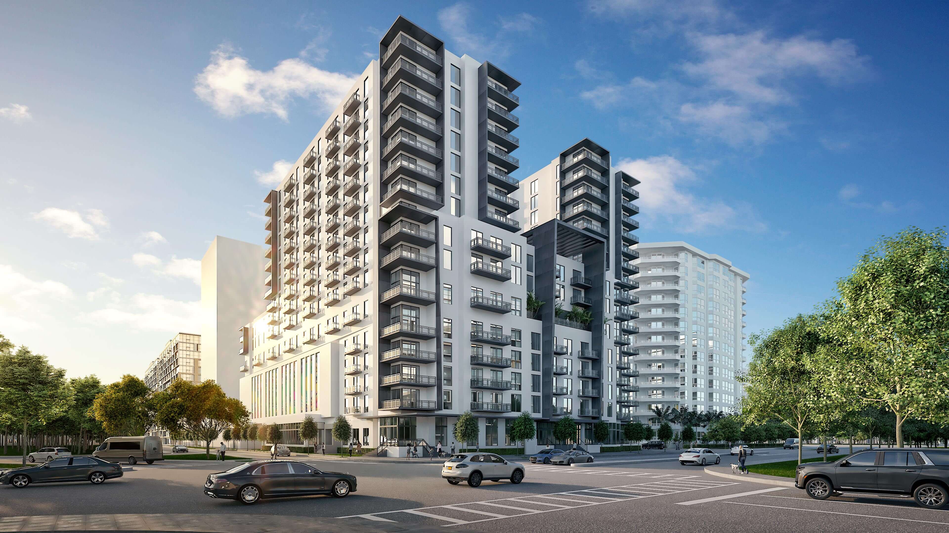 Modern high-rise architecture of River District 14 building on a sunny corner street view