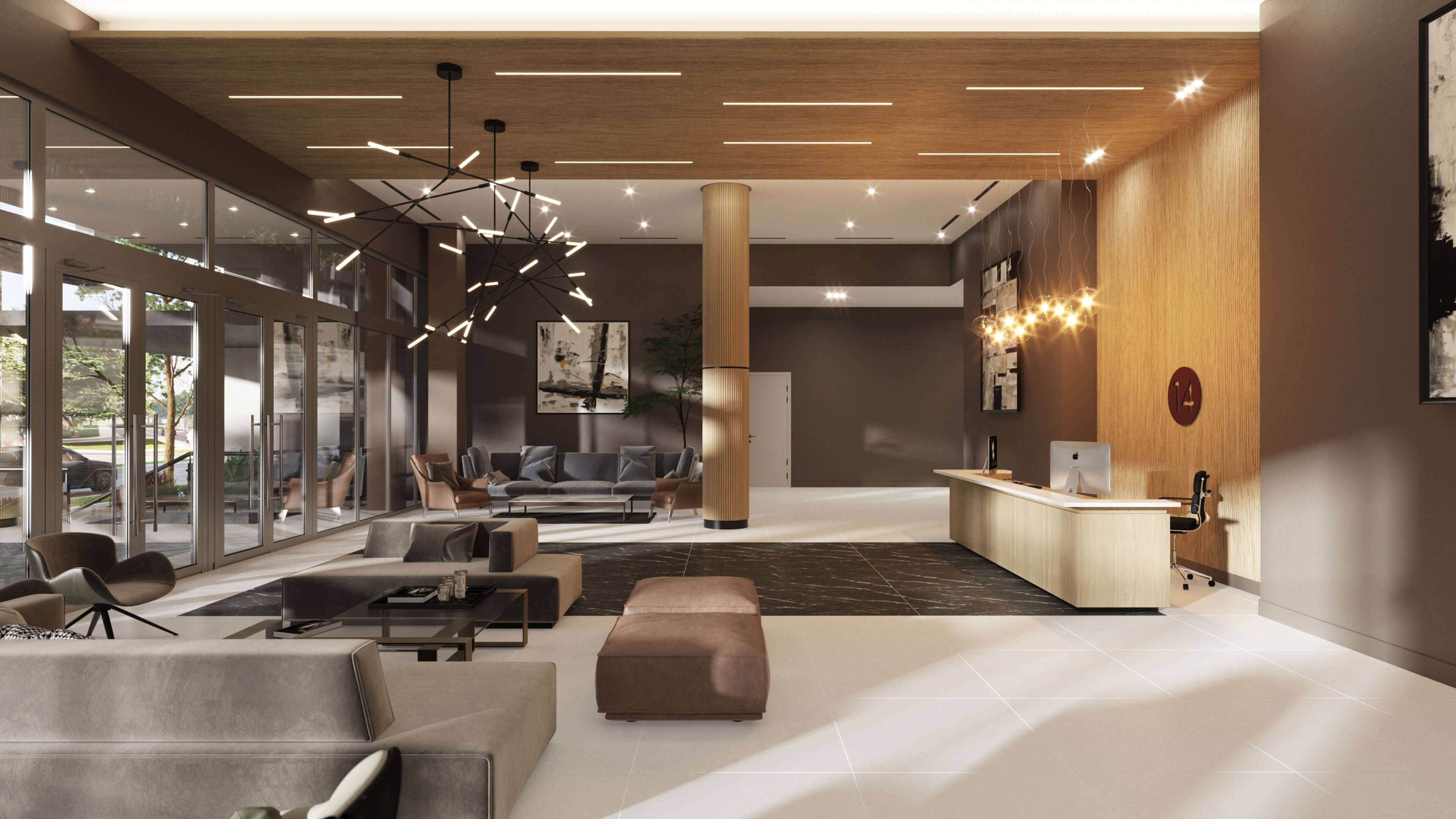 Wide angle lobby of River District 14 featuring modern furnishings and lighting