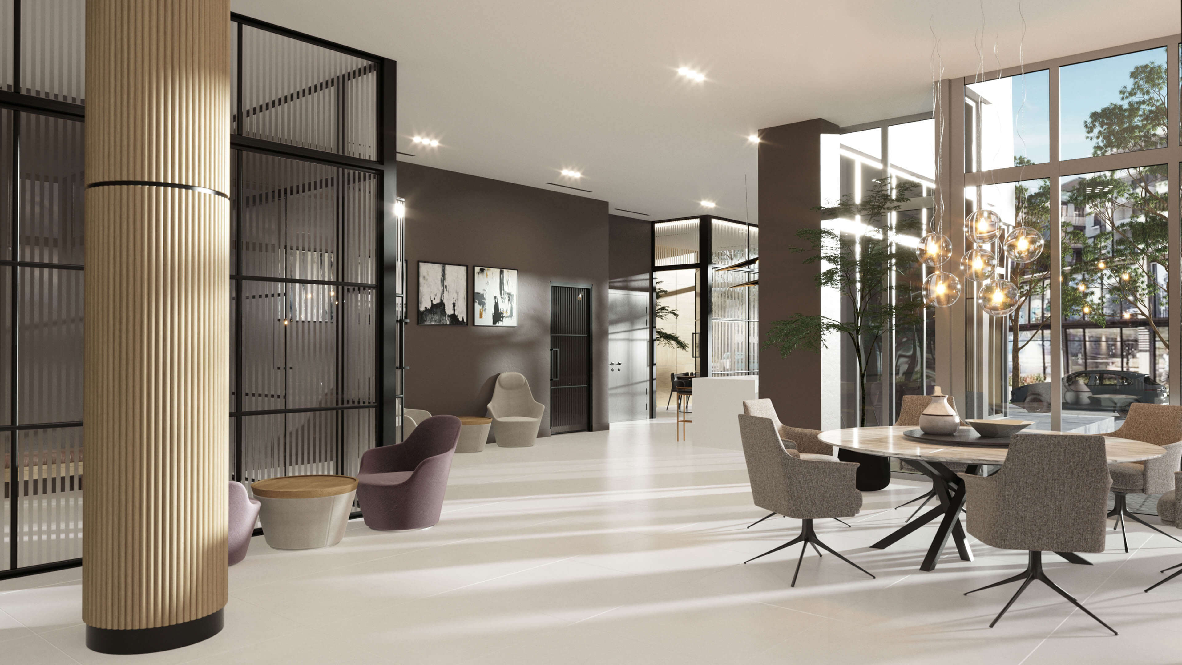 Elegant sitting area and glass partitions inside River District 14's common space