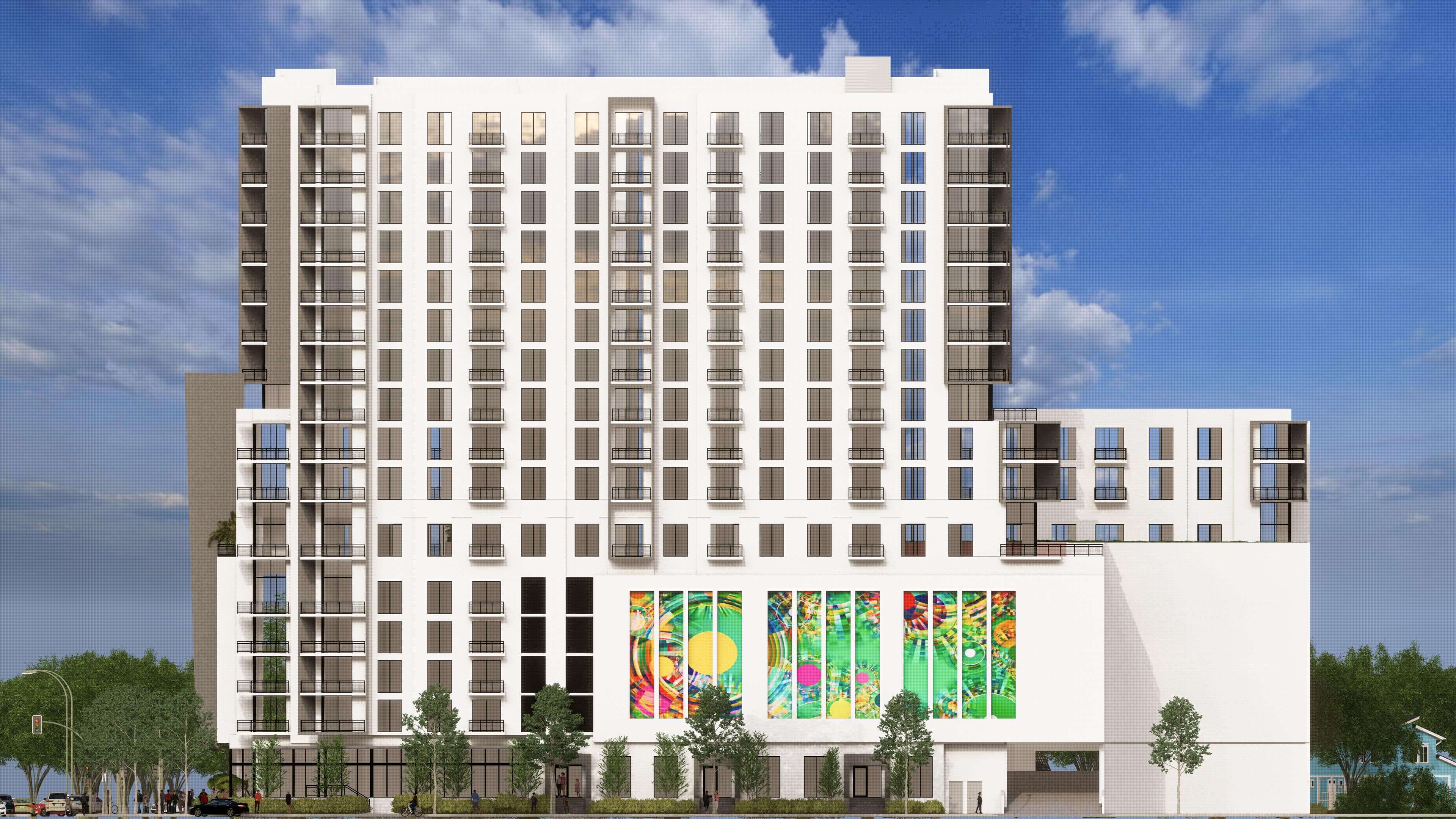 River District 14 exterior featuring colorful street art mural on lower façade