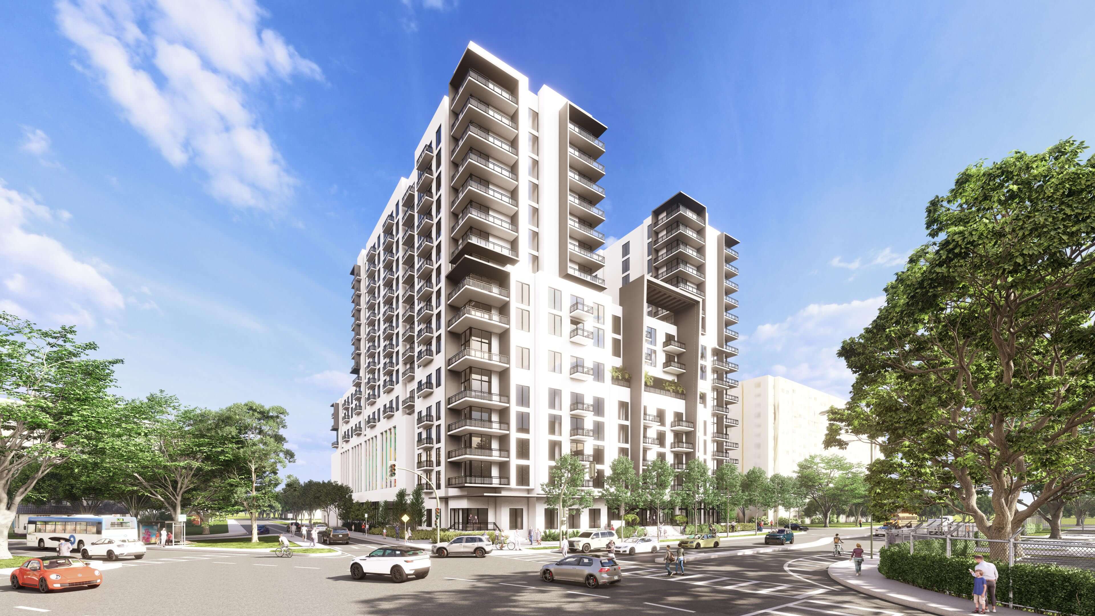 Street perspective of River District 14 under bright daylight showcasing urban lifestyle