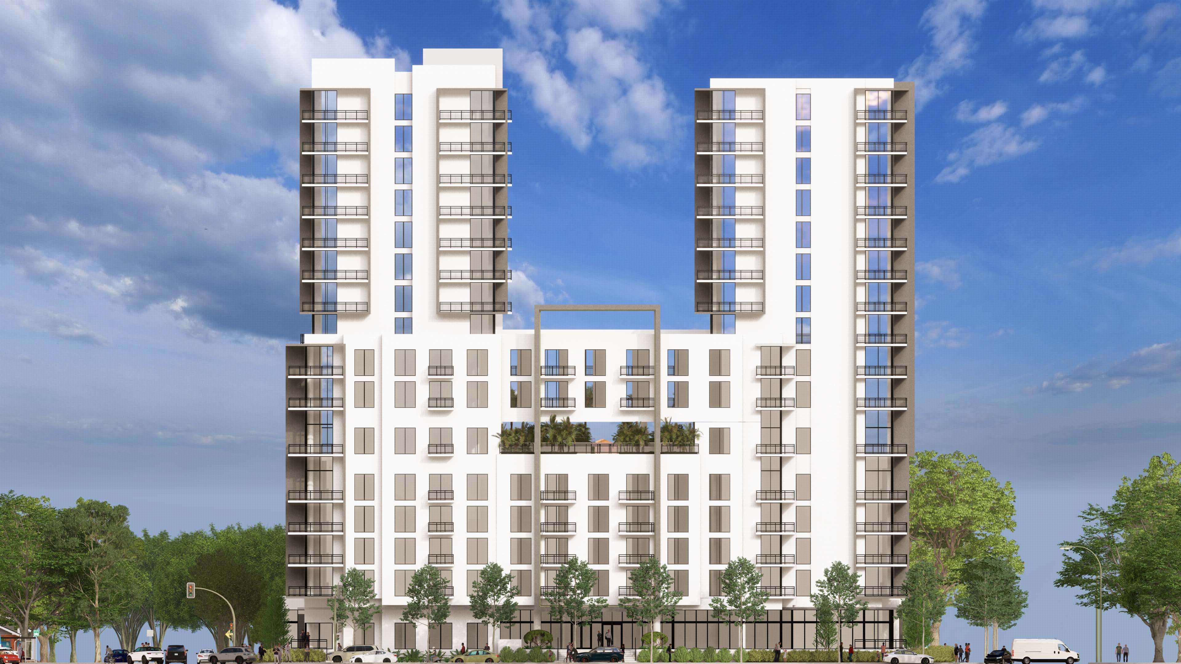 Urban design of River District 14 twin towers with mid-rise greenery and clean lines