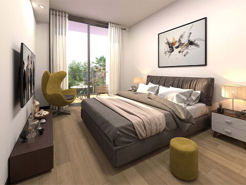 Luxury bedroom at Residences Roble One Coconut Grove Miami with balcony access, king bed and modern furnishings